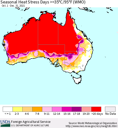 Australia Seasonal Heat Stress Days >=35°C/95°F (WMO) Thematic Map For 10/1/2021 - 12/31/2021