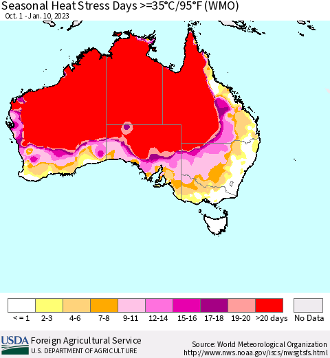 Australia Seasonal Heat Stress Days >=35°C/95°F (WMO) Thematic Map For 10/1/2022 - 1/10/2023