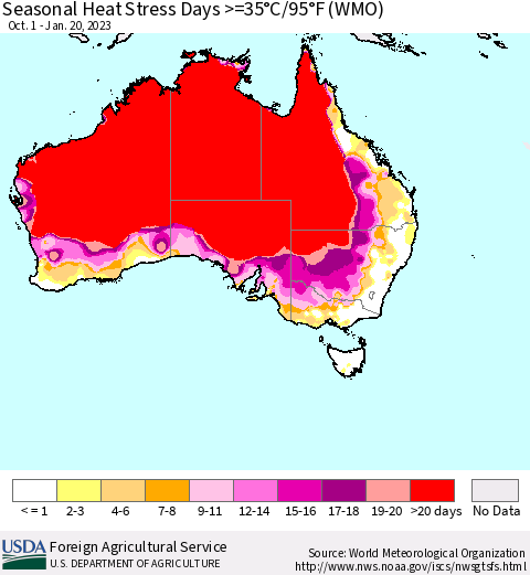 Australia Seasonal Heat Stress Days >=35°C/95°F (WMO) Thematic Map For 10/1/2022 - 1/20/2023