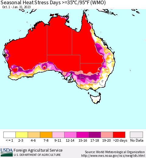 Australia Seasonal Heat Stress Days >=35°C/95°F (WMO) Thematic Map For 10/1/2022 - 1/31/2023