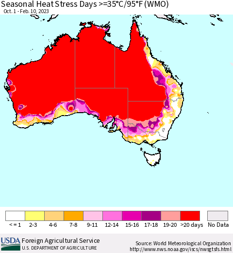 Australia Seasonal Heat Stress Days >=35°C/95°F (WMO) Thematic Map For 10/1/2022 - 2/10/2023