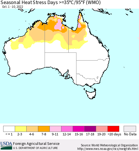 Australia Seasonal Heat Stress Days >=35°C/95°F (WMO) Thematic Map For 10/1/2022 - 10/10/2022