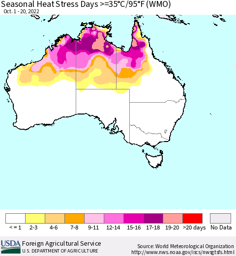 Australia Seasonal Heat Stress Days >=35°C/95°F (WMO) Thematic Map For 10/1/2022 - 10/20/2022