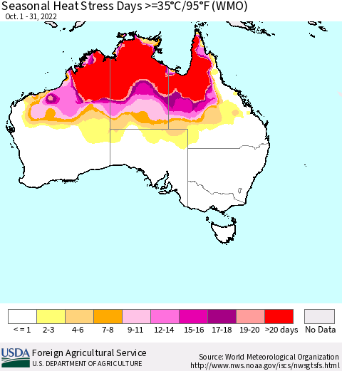 Australia Seasonal Heat Stress Days >=35°C/95°F (WMO) Thematic Map For 10/1/2022 - 10/31/2022