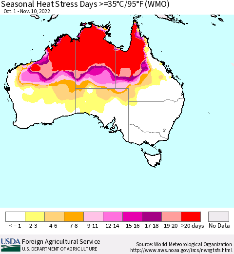 Australia Seasonal Heat Stress Days >=35°C/95°F (WMO) Thematic Map For 10/1/2022 - 11/10/2022