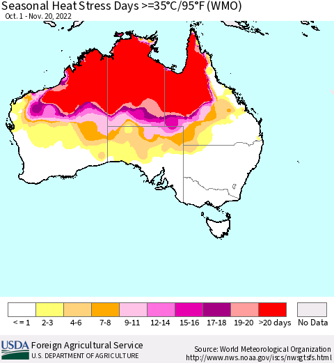 Australia Seasonal Heat Stress Days >=35°C/95°F (WMO) Thematic Map For 10/1/2022 - 11/20/2022
