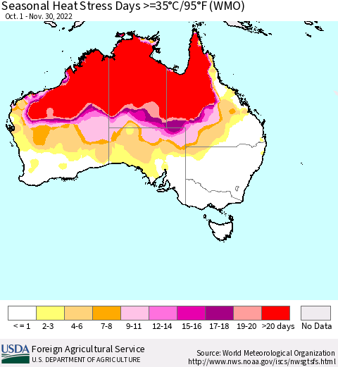 Australia Seasonal Heat Stress Days >=35°C/95°F (WMO) Thematic Map For 10/1/2022 - 11/30/2022