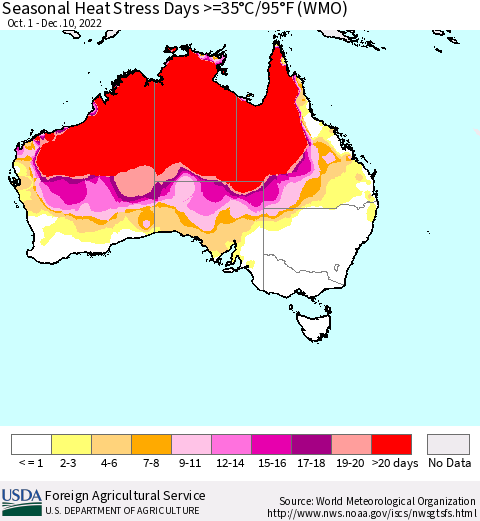 Australia Seasonal Heat Stress Days >=35°C/95°F (WMO) Thematic Map For 10/1/2022 - 12/10/2022