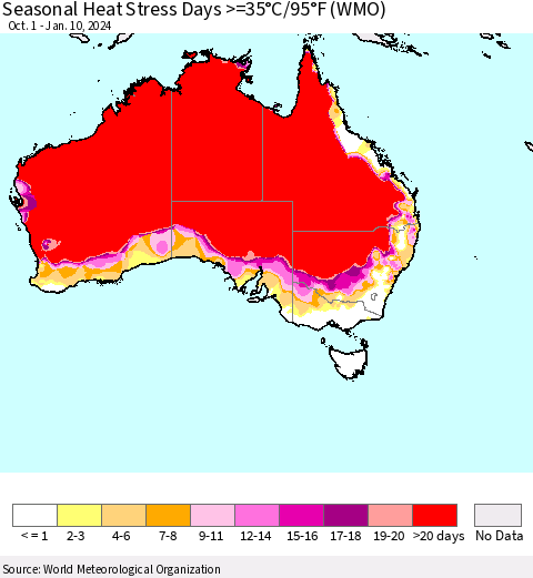 Australia Seasonal Heat Stress Days >=35°C/95°F (WMO) Thematic Map For 10/1/2023 - 1/10/2024