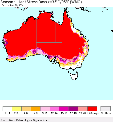 Australia Seasonal Heat Stress Days >=35°C/95°F (WMO) Thematic Map For 10/1/2023 - 1/20/2024