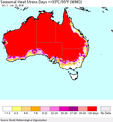 Australia Seasonal Heat Stress Days >=35°C/95°F (WMO) Thematic Map For 10/1/2023 - 1/31/2024
