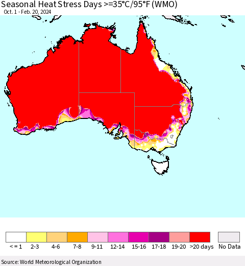 Australia Seasonal Heat Stress Days >=35°C/95°F (WMO) Thematic Map For 10/1/2023 - 2/20/2024