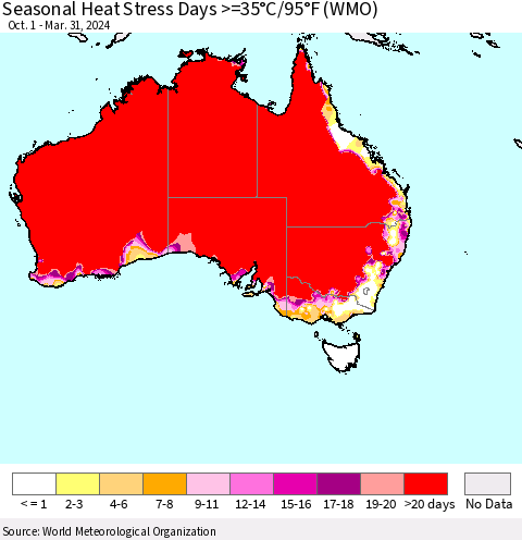 Australia Seasonal Heat Stress Days >=35°C/95°F (WMO) Thematic Map For 10/1/2023 - 3/31/2024