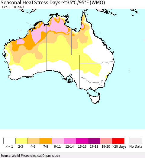 Australia Seasonal Heat Stress Days >=35°C/95°F (WMO) Thematic Map For 10/1/2023 - 10/10/2023