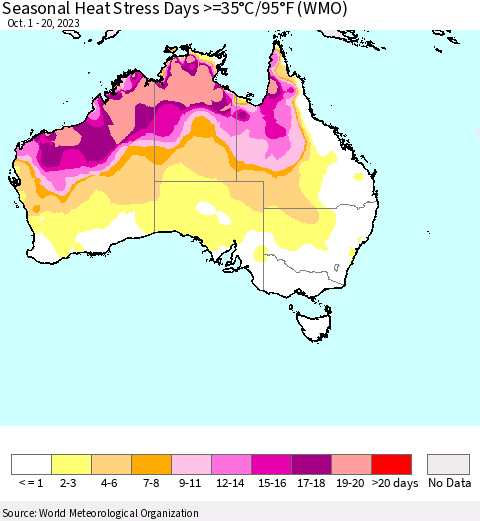 Australia Seasonal Heat Stress Days >=35°C/95°F (WMO) Thematic Map For 10/1/2023 - 10/20/2023
