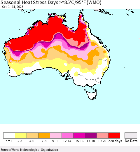 Australia Seasonal Heat Stress Days >=35°C/95°F (WMO) Thematic Map For 10/1/2023 - 10/31/2023