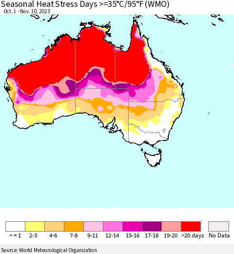 Australia Seasonal Heat Stress Days >=35°C/95°F (WMO) Thematic Map For 10/1/2023 - 11/10/2023