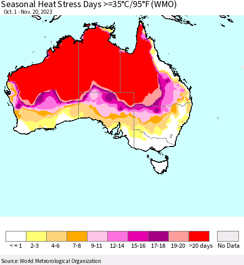 Australia Seasonal Heat Stress Days >=35°C/95°F (WMO) Thematic Map For 10/1/2023 - 11/20/2023