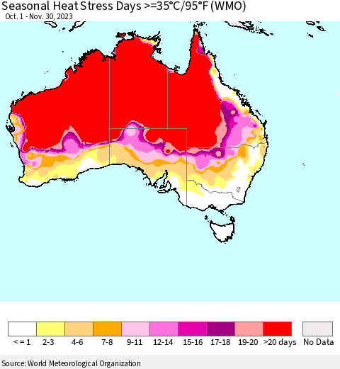 Australia Seasonal Heat Stress Days >=35°C/95°F (WMO) Thematic Map For 10/1/2023 - 11/30/2023