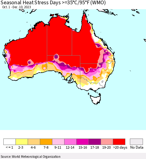 Australia Seasonal Heat Stress Days >=35°C/95°F (WMO) Thematic Map For 10/1/2023 - 12/10/2023