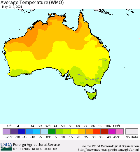 Australia Average Temperature (WMO) Thematic Map For 5/3/2021 - 5/9/2021