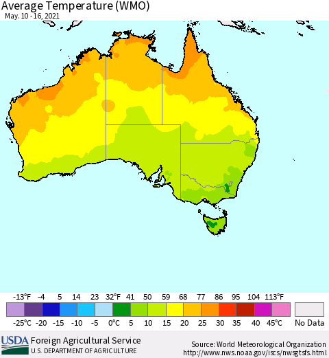 Australia Average Temperature (WMO) Thematic Map For 5/10/2021 - 5/16/2021