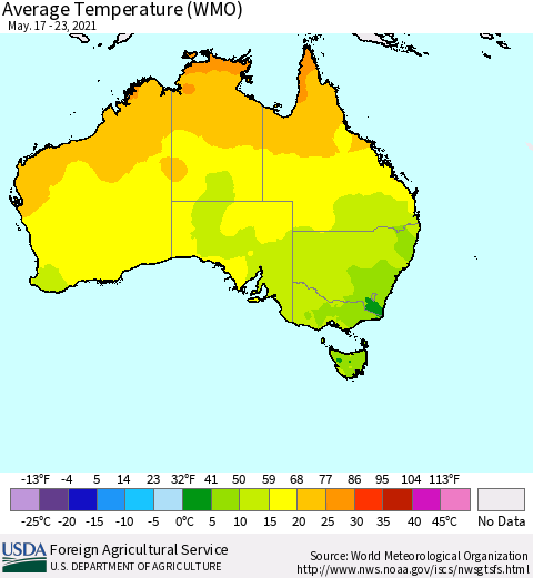 Australia Average Temperature (WMO) Thematic Map For 5/17/2021 - 5/23/2021