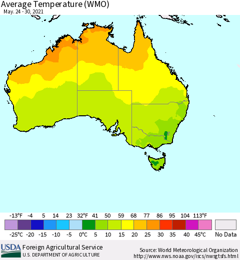 Australia Average Temperature (WMO) Thematic Map For 5/24/2021 - 5/30/2021