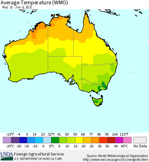 Australia Average Temperature (WMO) Thematic Map For 5/31/2021 - 6/6/2021