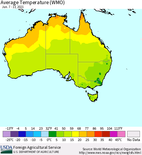 Australia Average Temperature (WMO) Thematic Map For 6/7/2021 - 6/13/2021