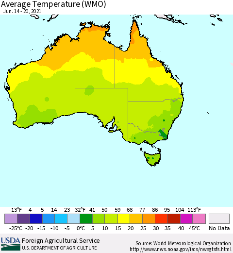 Australia Average Temperature (WMO) Thematic Map For 6/14/2021 - 6/20/2021