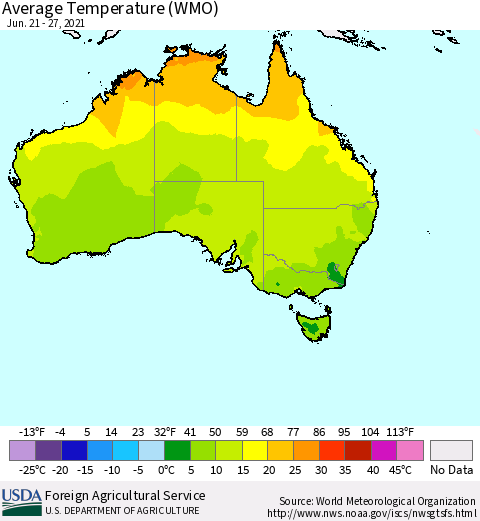 Australia Average Temperature (WMO) Thematic Map For 6/21/2021 - 6/27/2021
