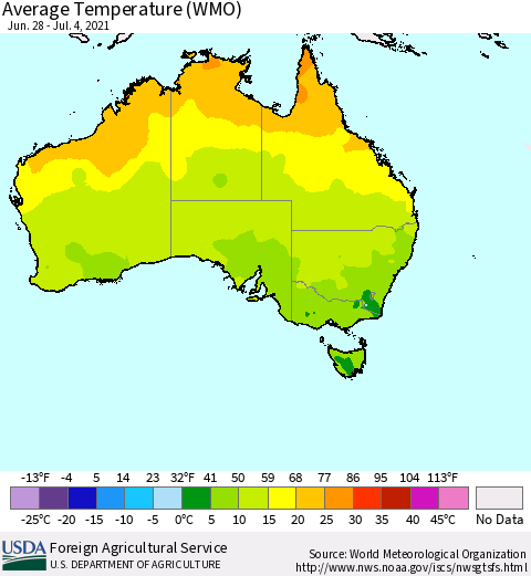 Australia Average Temperature (WMO) Thematic Map For 6/28/2021 - 7/4/2021