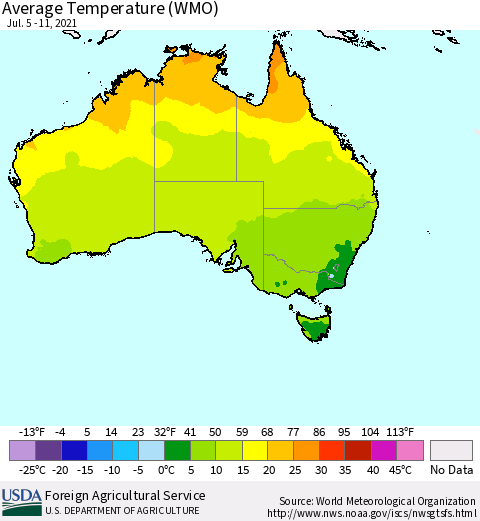 Australia Average Temperature (WMO) Thematic Map For 7/5/2021 - 7/11/2021