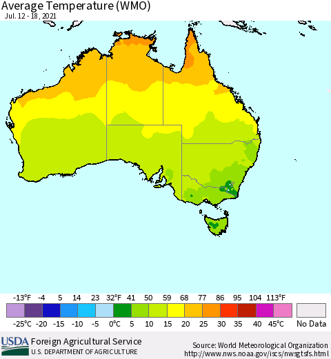 Australia Average Temperature (WMO) Thematic Map For 7/12/2021 - 7/18/2021