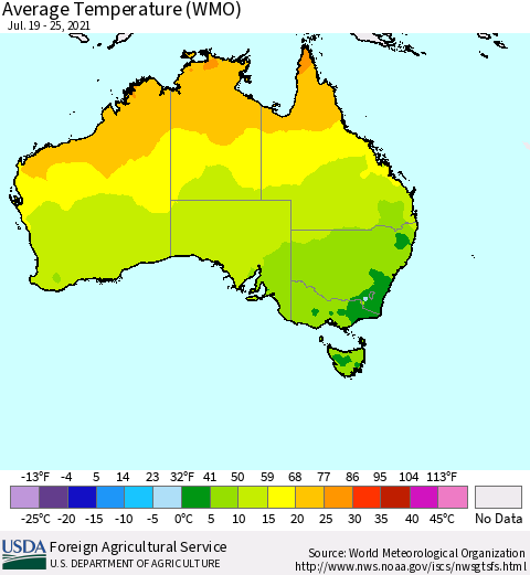 Australia Average Temperature (WMO) Thematic Map For 7/19/2021 - 7/25/2021