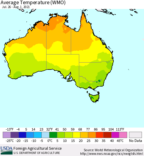 Australia Average Temperature (WMO) Thematic Map For 7/26/2021 - 8/1/2021