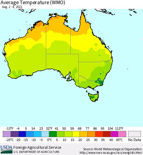 Australia Average Temperature (WMO) Thematic Map For 8/2/2021 - 8/8/2021