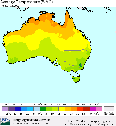 Australia Average Temperature (WMO) Thematic Map For 8/9/2021 - 8/15/2021