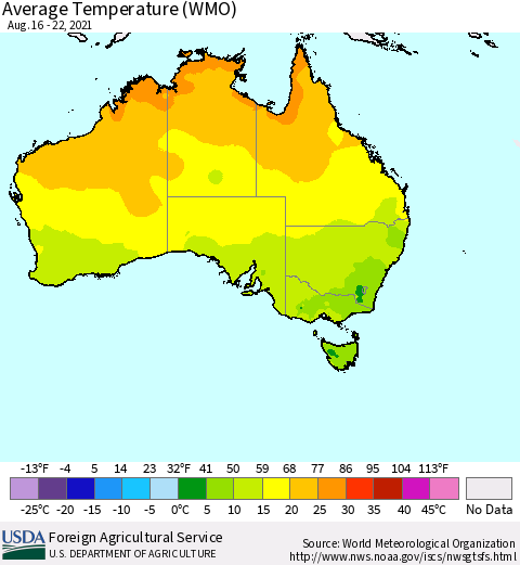 Australia Average Temperature (WMO) Thematic Map For 8/16/2021 - 8/22/2021