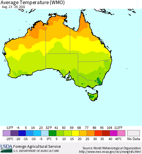 Australia Average Temperature (WMO) Thematic Map For 8/23/2021 - 8/29/2021