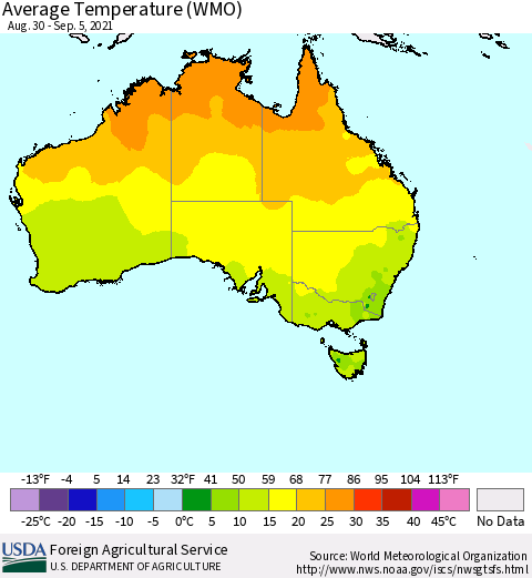 Australia Average Temperature (WMO) Thematic Map For 8/30/2021 - 9/5/2021