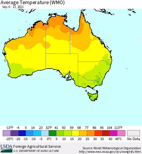 Australia Average Temperature (WMO) Thematic Map For 9/6/2021 - 9/12/2021