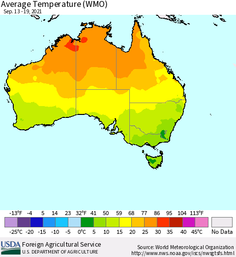 Australia Average Temperature (WMO) Thematic Map For 9/13/2021 - 9/19/2021