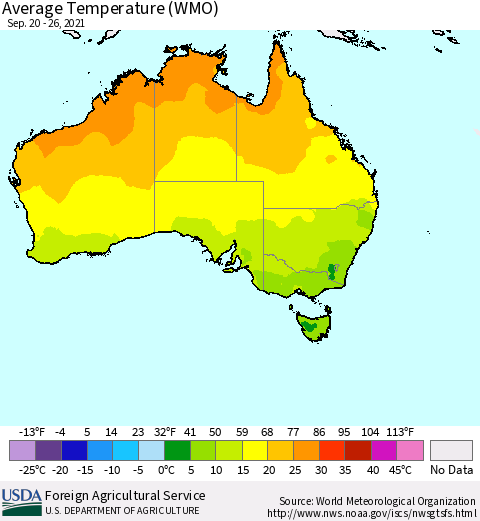 Australia Average Temperature (WMO) Thematic Map For 9/20/2021 - 9/26/2021