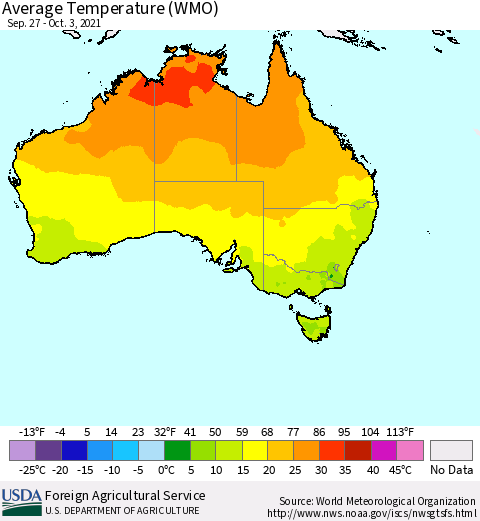 Australia Average Temperature (WMO) Thematic Map For 9/27/2021 - 10/3/2021