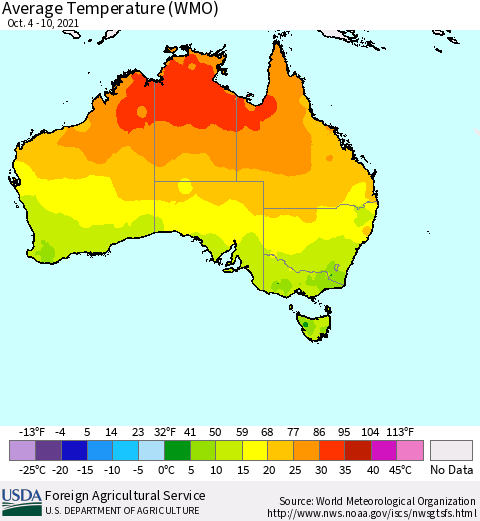 Australia Average Temperature (WMO) Thematic Map For 10/4/2021 - 10/10/2021