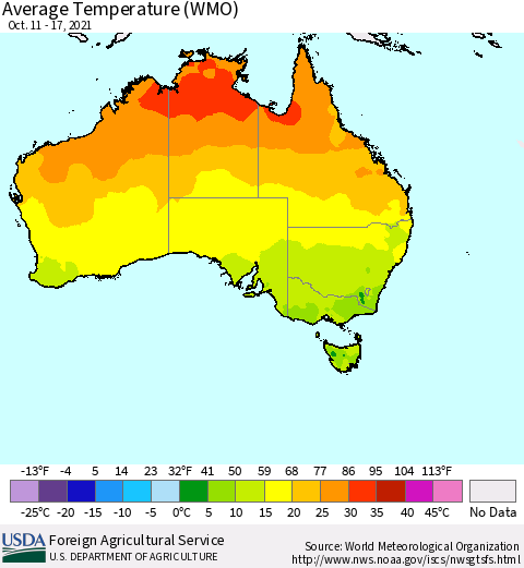 Australia Average Temperature (WMO) Thematic Map For 10/11/2021 - 10/17/2021