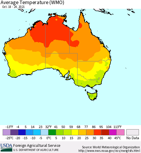 Australia Average Temperature (WMO) Thematic Map For 10/18/2021 - 10/24/2021