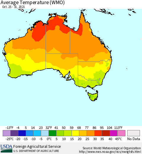 Australia Average Temperature (WMO) Thematic Map For 10/25/2021 - 10/31/2021
